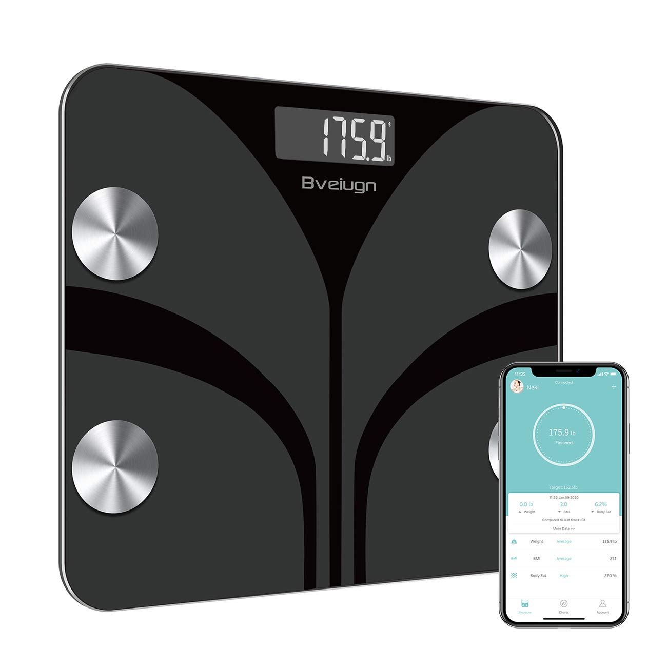 HNESS Body Fat Scale, Smart Wireless Digital Bathroom BMI Weight Scale, Body Composition Analyzer Health Monitor with Tempered Glass Platform Large Digital Backlit LCD with Smartphone App